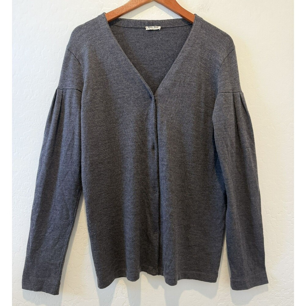 Miu Miu Wool Snap Cardigan Italy sz. 46 M/L Sweater Gray Pleated Slouchy Sleeves